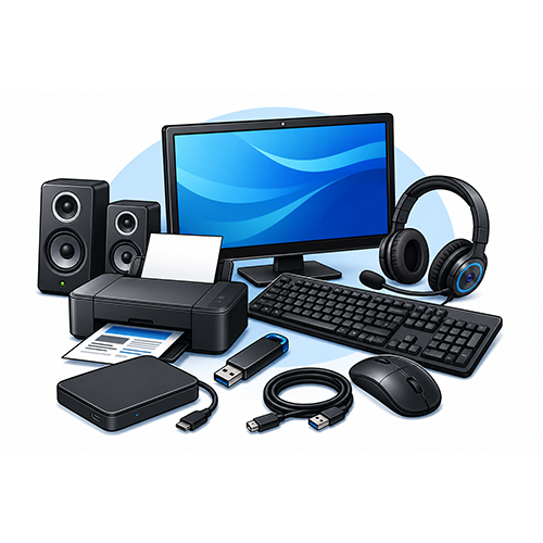 Computer Accessories.
Headphones
Keyboards
Mouse
Printers
Speakers
Computer Cables.

The image displays a collection of modern computer peripherals arranged for a digital workspace.

In the picture, there is a desktop computer monitor with a vibrant blue screen displaying a wavy abstract pattern, a black keyboard, and a black computer mouse. To the left of the monitor, there are two black speakers, one larger than the other, positioned side by side. In front of the speakers and to the left of the keyboard, there's a black printer with paper emerging from its output tray and a document already printed in the tray, suggesting it is actively being used or has just finished a task. Below the printer, there is a sleek black external hard drive connected to a cable. Several accessories are also visible: a black USB flash drive with a blue connector, a coiled black USB cable with blue connectors on both ends, and a pair of black headphones with blue accents on the earcups and a microphone. The items are arranged on a light blue surface, with a lighter blue curved shape in the background, creating a clean and organized presentation. The overall atmosphere is one of technological efficiency and modern productivity, with a bright and engaging mood conveyed by the clean design and the illuminated screen. 