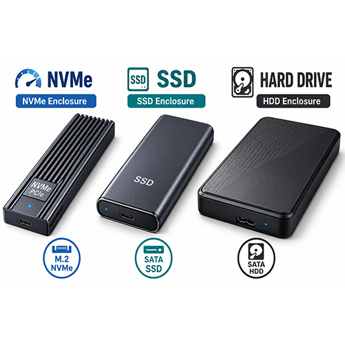 Tags: NVMe enclosure, SSD enclosure, HDD enclosure, M.2 NVMe, SATA SSD, SATA HDD, external storage, computer hardware, data storage, portable drive, USB-C, technology, electronics, black devices, modern design, product display, white background, tech gadgets

Title: External Storage Solutions Comparison

Description: A well-lit studio shot showcases three distinct external storage enclosures arranged side-by-side against a clean white background. From left to right, the first enclosure is a sleek, black, ribbed NVMe enclosure designed for M.2 NVMe SSDs, labeled 'NVMe PCIe' with a small blue LED indicator and a USB-C port. The middle device is a smooth, dark grey SSD enclosure, also featuring a blue LED and a USB-C port, clearly labeled 'SSD'. The third enclosure is a slightly larger, matte black unit designed for SATA HDDs, with a textured patterned top, a blue LED, and a USB-C port, presented as 'SATA HDD'. Above each device, corresponding logos and text indicate their type: 'NVMe NVMe Enclosure', 'SSD SSD Enclosure', and 'HARD DRIVE HDD Enclosure'. Below each device, circular icons further clarify their compatibility: 'M.2 NVMe', 'SATA SSD', and 'SATA HDD'.